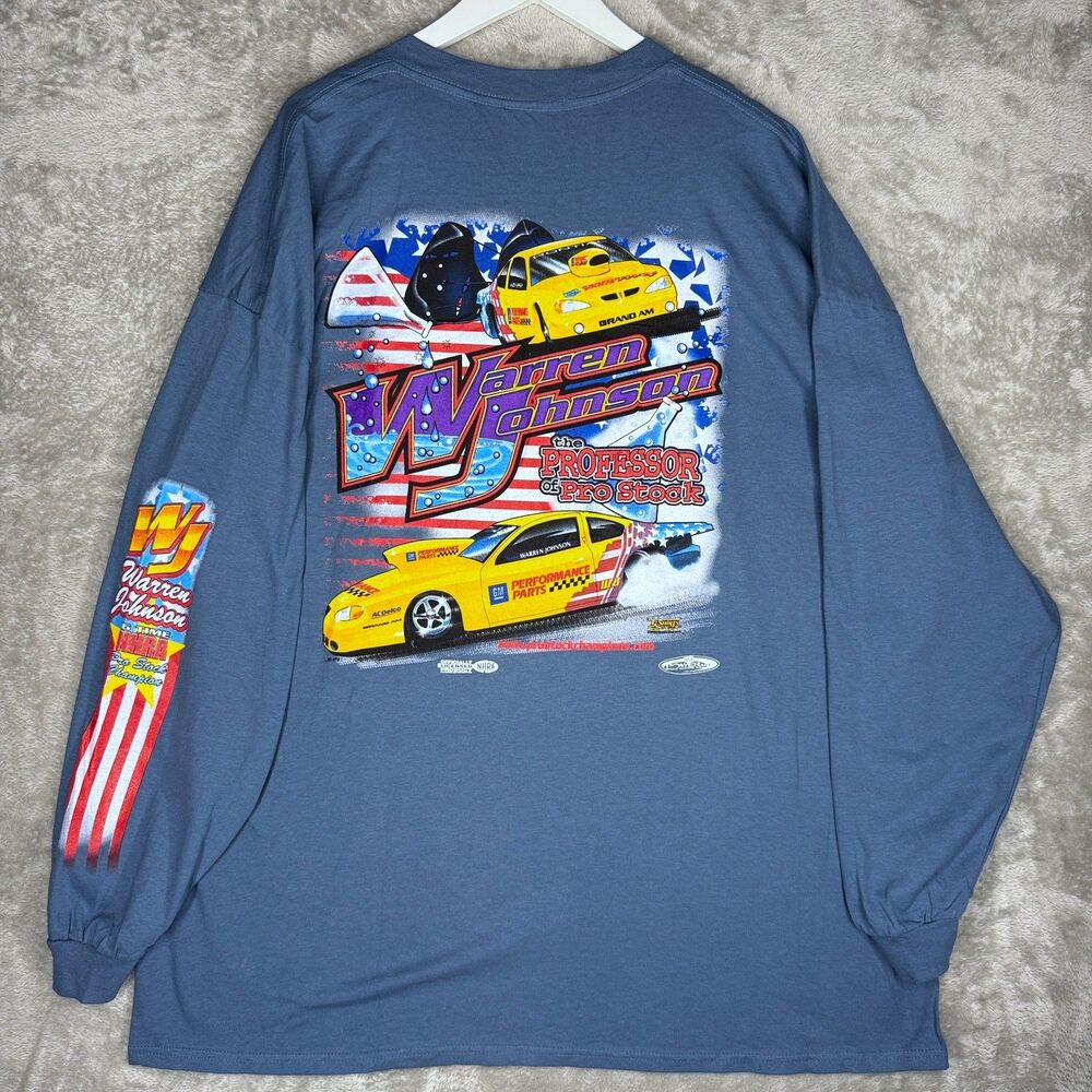 Vtg 90s Nascar T-Shirt Mens 3XL Warren Johnson NHRA Long Sleeve Blue Pro Stock